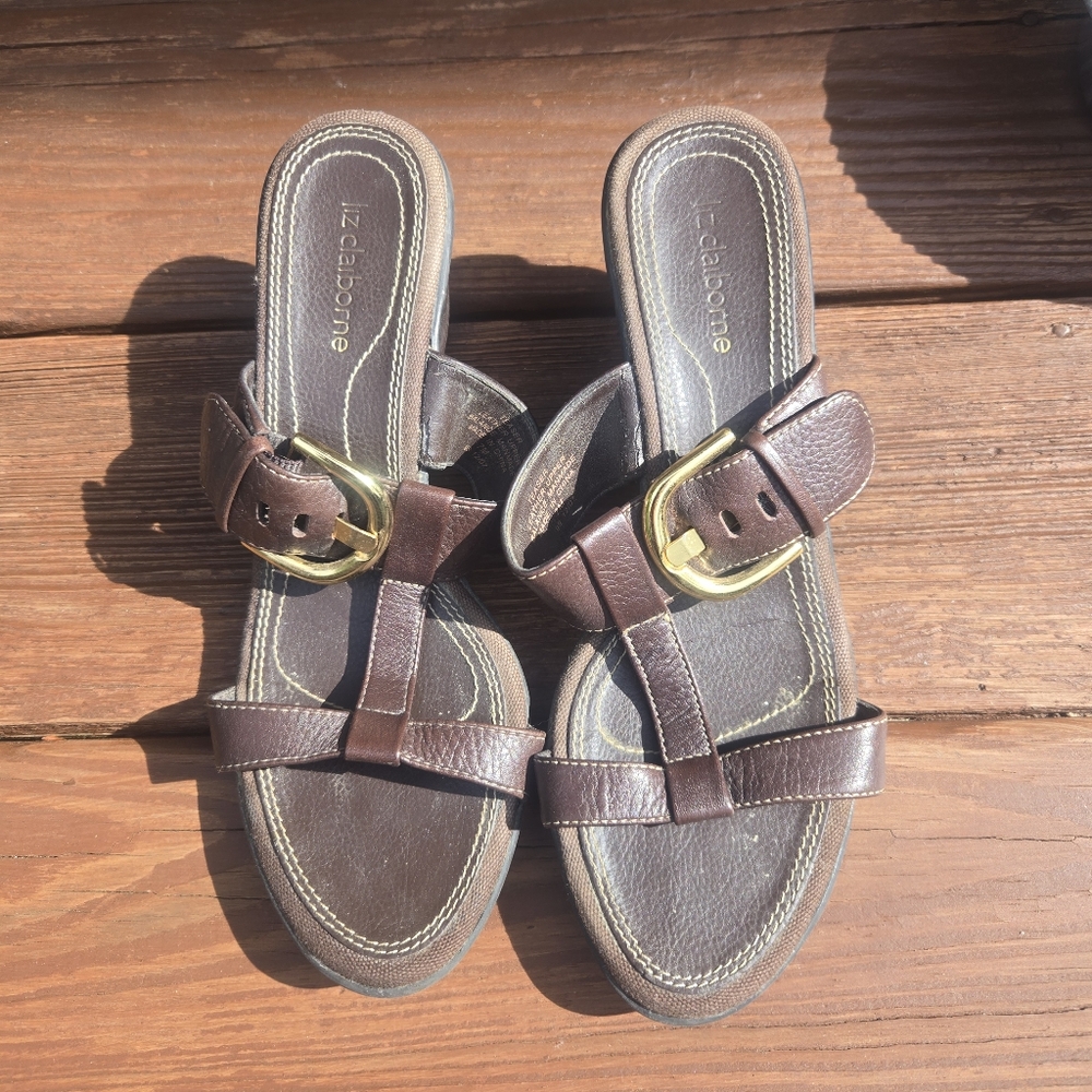 Liz Claiborne- Brown- Leather- Sandals- Adjustable Gold Buckles- Size 7M